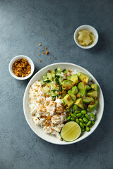 Homemade chicken bowl with avocado