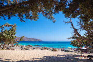 The popular sandy beach of Kedrodasos near Elafonisi, Chania, Crete, Greece. - obrazy, fototapety, plakaty
