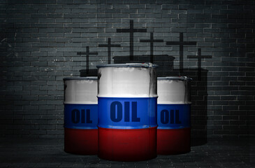 Russian gas oil industry. Barrels with Russian oil on the background of a black wall and the shadow of the war in Ukraine. Sanctions and energy embargo concept.