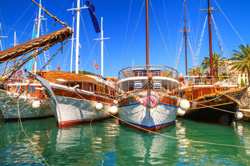 Coastal summer cityscape - view of the yachts moored in the port of Split, the Adriatic coast of Croatia