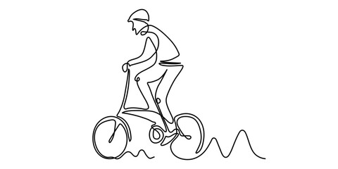 Continuous line drawing of biker, bmx, motocross bike or bicycle Athlete concept with sports theme design