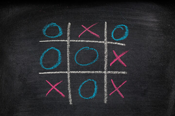 Abstract Tic Tac Toe Game Competition. XO Win Challecge Concept on black board - obrazy, fototapety, plakaty