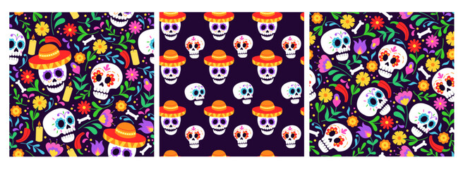 Set of three square seamless patterns for Day of the dead. Backgrounds with skull and floral ornament. Vector illustration for fabric, wrapping paper, textile, wallpaper and apparel.