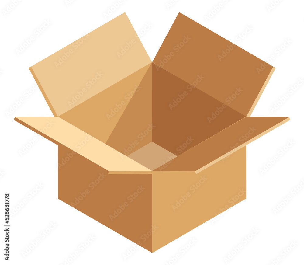 Poster open delivery box. empty cardboard package. isometric crate icon