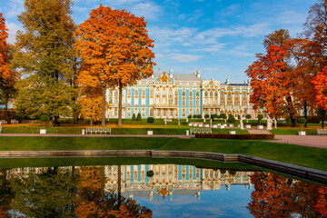 Catherine palace and park in autumn foliage, Tsarskoe Selo (Pushkin), St. Petersburg, Russia
