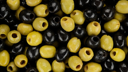 Black and green olives. Different type of olives. Pitted olives 