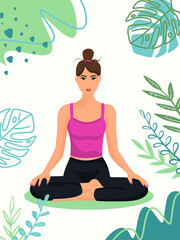 Obraz na płótnie Canvas Yoga woman poster with tropical plants. lotus pose is meditation practice. Vector illustration for wellness center or yoga studio.
