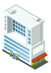 Big city isometric building. Modern glass house