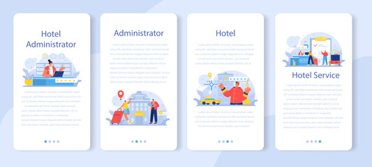 Hotel administrator mobile application banner set. Tourism service,