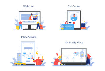 Hotel administrator online service or platform set. Tourism service,