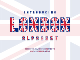 united kingdom flag alphabet design with uppercase, numbers and symbols