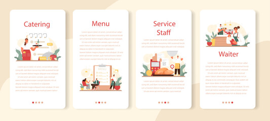 Waiter mobile application banner set. Restaurant staff in the uniform