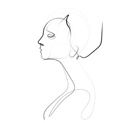 continuous line drawing of isolated on white background profile portrait of woman with long hair