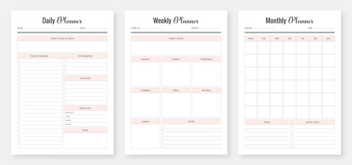 Daily, weekly, monthly planner template. 3 Set of minimalist planners. Minimalist planner pages templates. Business organizer page. Life and Business Planner. Printable planner set & bundle design. - obrazy, fototapety, plakaty