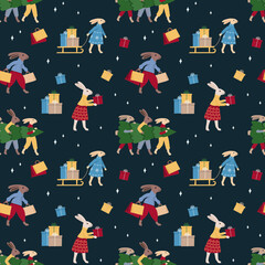 Christmas seamless pattern with rabbits. New year background for wrapping paper, banners, web design, scrapbooking and other holiday design