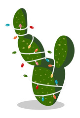 Cactus in garland. Christmas succulent in funny cartoon style