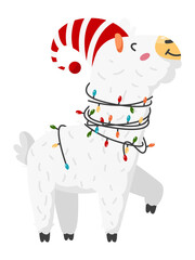 Alpaca in holiday hat and christmas lights. Cute llama