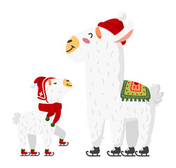 Ice skate alpacas. Cute cartoon llama child with parent