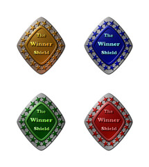 A set of 4 - 3D rendered illustrations of diamond shape metallic textured shields with The winner shield text, isolated on a white background