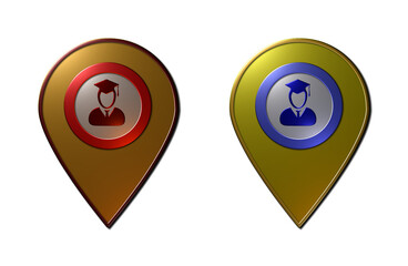 A set of 2 - 3D rendered illustrations of education institution location pins in metallic texture finishing, isolated on a white background.