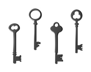 A set of 4 - 3D rendered illustrations of   different types of old keys in a grey metallic finish, isolated on a white background