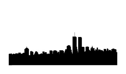 Naklejka premium A black skyline silhouette of New York City showing the twin towers before the 9-11 attack, with a white background.