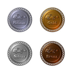 A set of 4 - 3D rendered illustrations of medals with a Mining loader in platinum, gold, silver, and bronze metallic finishing with mining icons around the edge of the medals. 