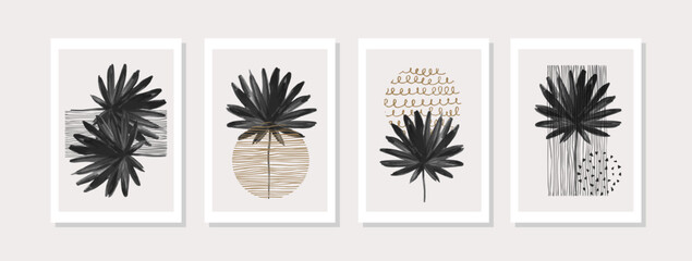 Minimal illustration of hand drawn textured sun, watercolor palm leaves - 528685141