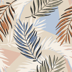Colorful grunge textured palm leaves, triangles seamless pattern. Abstract tropical leaf on geometric background