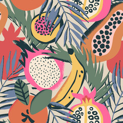 Abstract dragon fruit, papaya, orange, banana, pomegranate drawing seamless pattern. Tropical fruits background - 528685357
