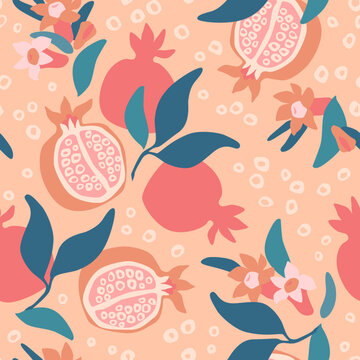 Abstract pomegranate drawing seamless pattern. Fresh organic fruits and blooming flowers on seeds background.