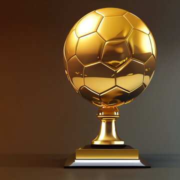 Gold Soccer Ball Or Golden Football Champion Award On Competition Background With Winner Trophy Championship. 3D Rendering.