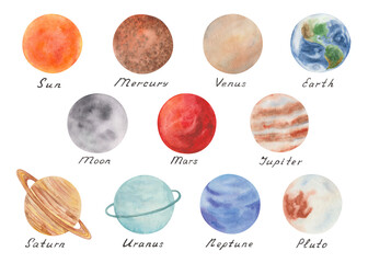 Watercolor illustration of hand painted all planets of Solar system with star Sun and satellite Moon. Mercury, Venus, Earth, Mars, Jupiter, Saturn, Uranus, Neptune, Pluto with handwritten names © Olga Sidelnikova