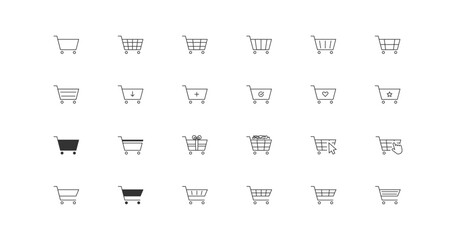 Shopping cart symbol. Full and empty shopping basket set icon. Internet shop buy and sale icons. Vector isolated black line illustration for web