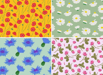 Seamless patterns with different wildflowers. Nature textures in cartoon style.