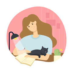 Everyday life. A young woman reads a book in the evening with a cat in her arms. Flat vector illustration