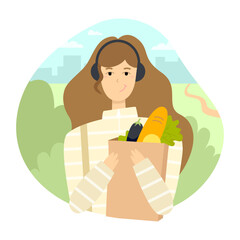 Everyday life. A young woman walks and holds a bag of groceries in her hands. Flat vector illustration