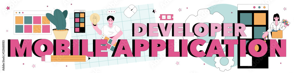 Poster mobile application developer typographic header. smartphone app