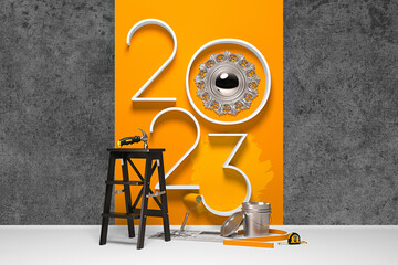 Creative 2022-2023 New Year design template on interior finishing, construction, repair and maintenance theme. 3d render illustration for a greeting card, calendar or banner.