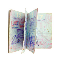 worn old us passport with lots of travel stamps transpernt
