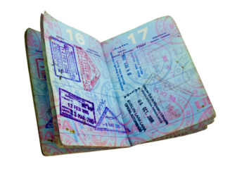 used open  us passport with travel stamps tranparent
