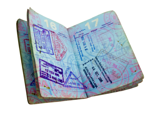 used open  us passport with travel stamps tranparent