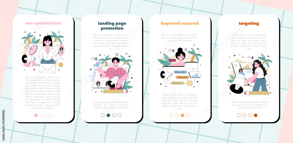 Sticker seo specialist mobile application banner set. idea of search engine optimization