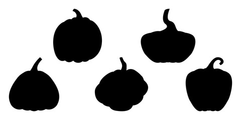 Pumpkin. Set of silhouettes of different pumpkins. Black silhouettes of pumpkins. Isolated on white.