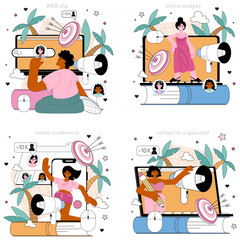 SEO specialist online service or platform set. Idea of search engine