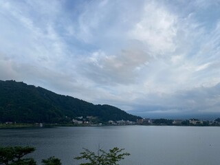 The sky and clouds of Kawaguchiko Yamanashi prefecture of Japan, view from the lake, year 2022 August 26th