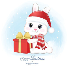 Little Rabbit and Gift box. Christmas season