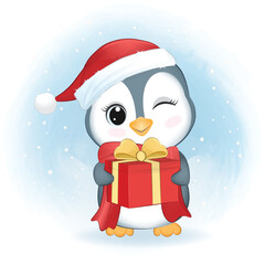 Cute Penguin and gift box. Christmas season