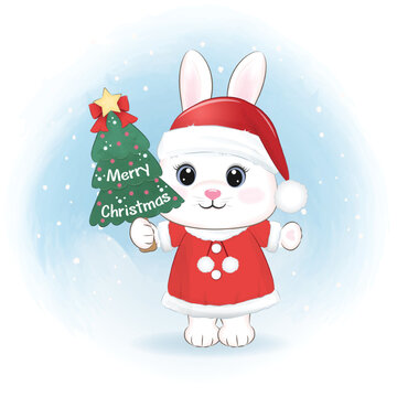 Little Rabbit and Christmas tree. Christmas season