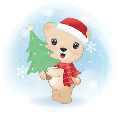 Cute Bear and Christmas tree. Christmas season
